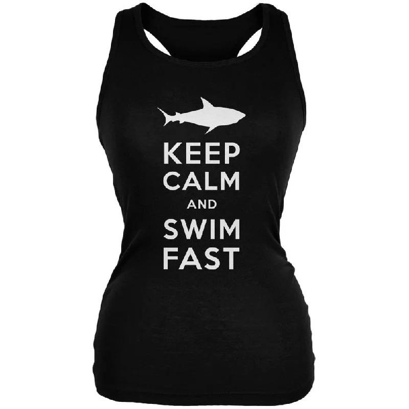 Fitted T-ShirtsShark Keep Calm and Swim Fast Black Juniors Soft Tank Top