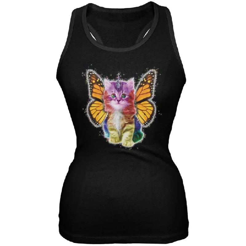 Cropped T-ShirtsRainbow Butterfly Unicorn Kitten Black Juniors Soft Tank Top