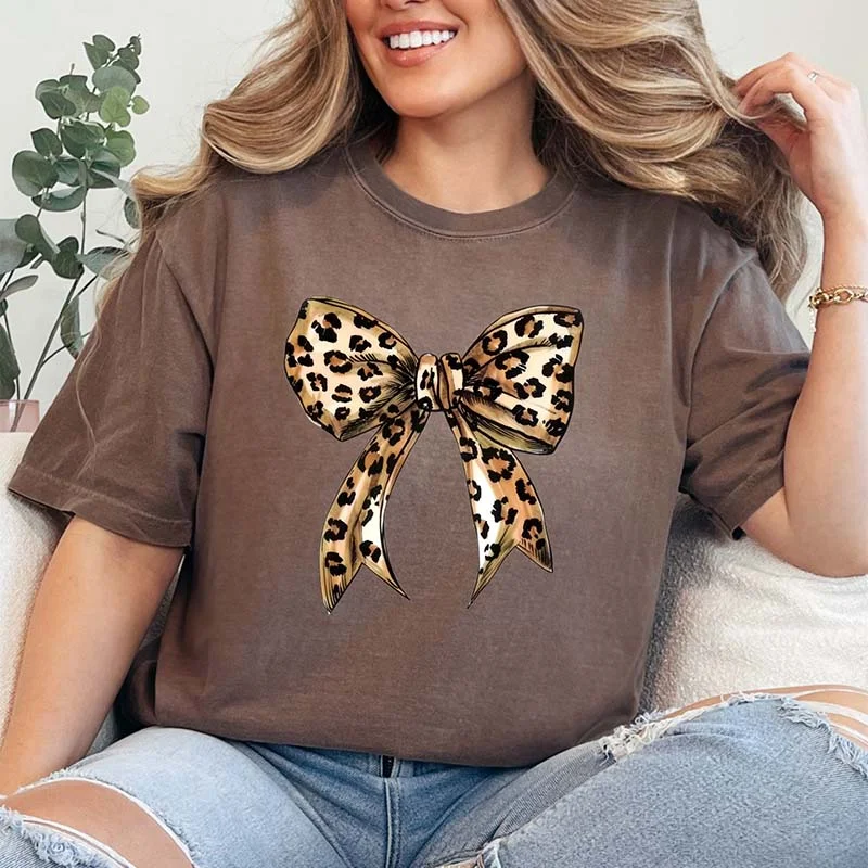 Cheetah Bow Short Sleeve T-ShirtOff-Shoulder Short Sleeve Tops