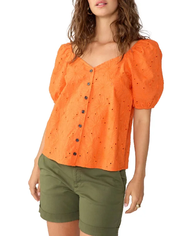 Sheer ShirtsBubble Sleeve Button Down Blouse In Blood Orange