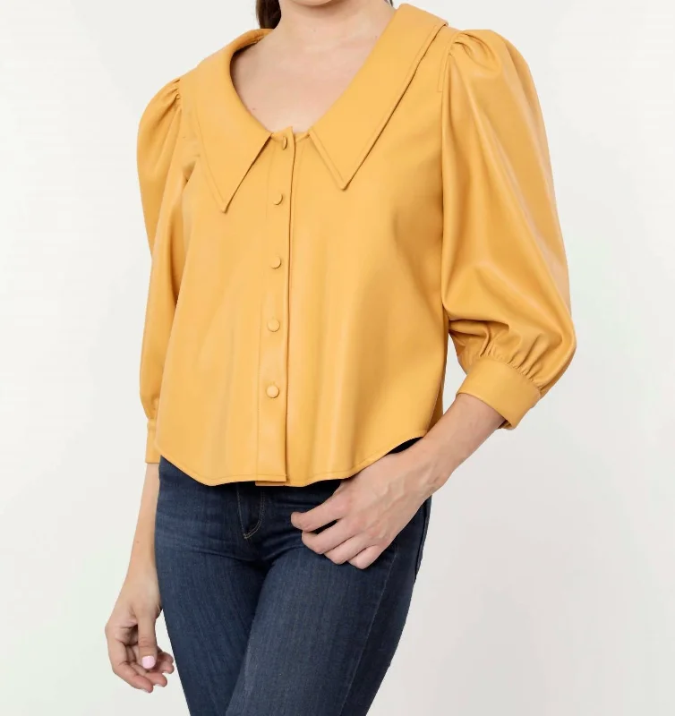 Cashmere ShirtsHollie Faux Leather Blouse With Puff Sleeves In Apricot