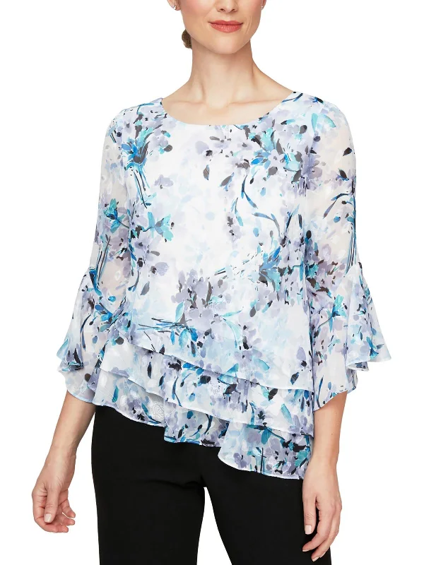 Collaborative ShirtsPetites Womens Floral Print Chiffon Blouse