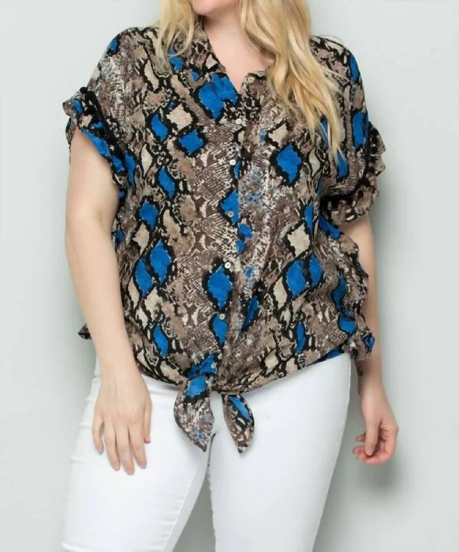 Formal ShirtsButton Down Tie Front Blouse In Blue Snakeskin