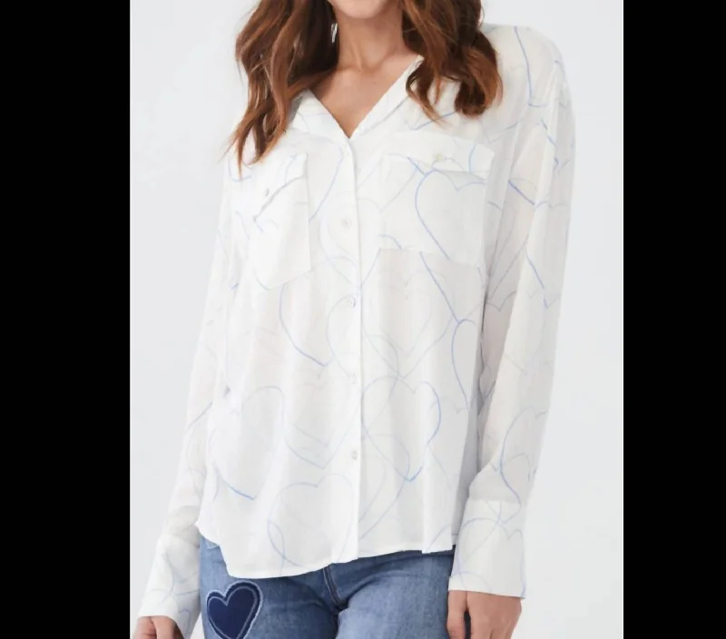 Flannel ShirtsButton Up Blouse In White With Blue Hearts