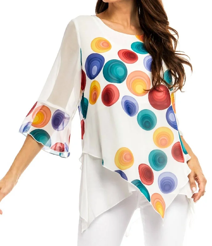 Peplum ShirtsChiffon Bright Multi Colored Dot Blouse In White