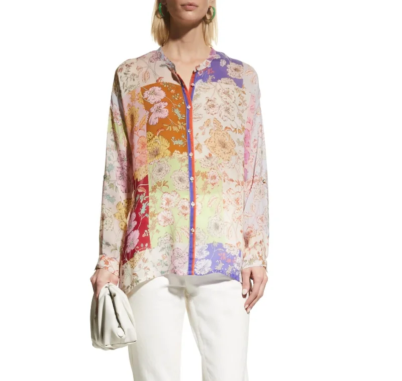 Leather-Paneled ShirtsCosmo Lauren Floral-Print Patchwork Blouse In Multicolor