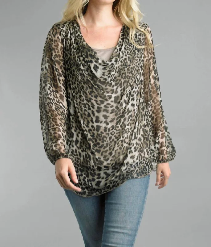 Tunic ShirtsCowl Neckline Sheer Blouse With Lining In Cheetah Print