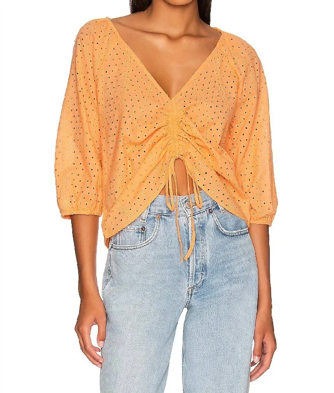 Printed ShirtsEyelet Drawstring Blouse In Washed Melon