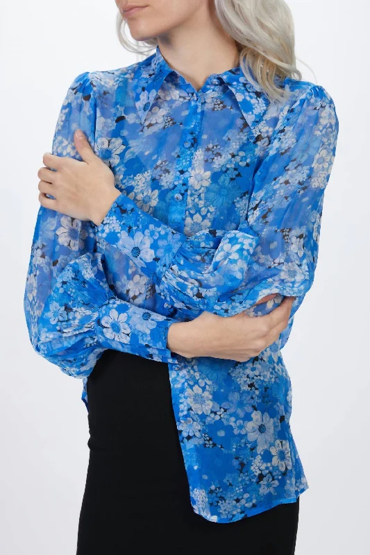 Ribbed Cuff ShirtsFloral Motif Blouse In Blue Floral