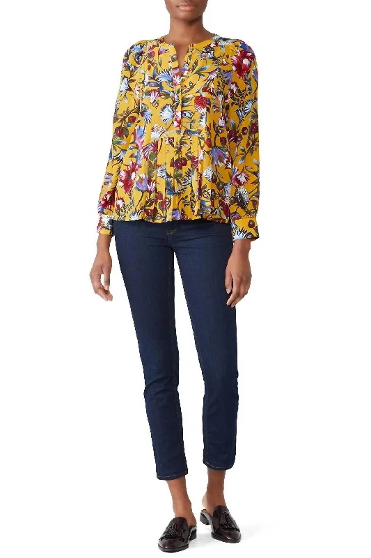 Printed ShirtsGolden Floral Pleated Blouse In Yellow