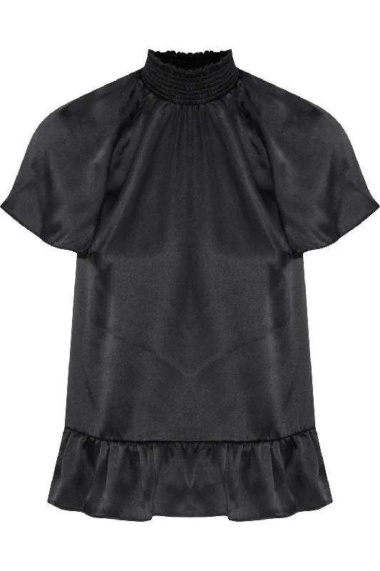 Wrap ShirtsHarbor High Smocked Neckline Ruffled Silk Blouse In Black