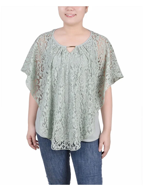 Metallic ShirtsPetites Womens Poncho Sleeve Lace Overlay Blouse