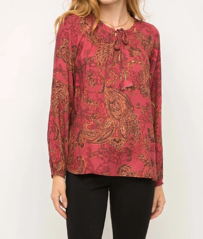 Wrap ShirtsSmocked Neck Tassel Tie Peasant Blouse In Burgundy Paisley Print