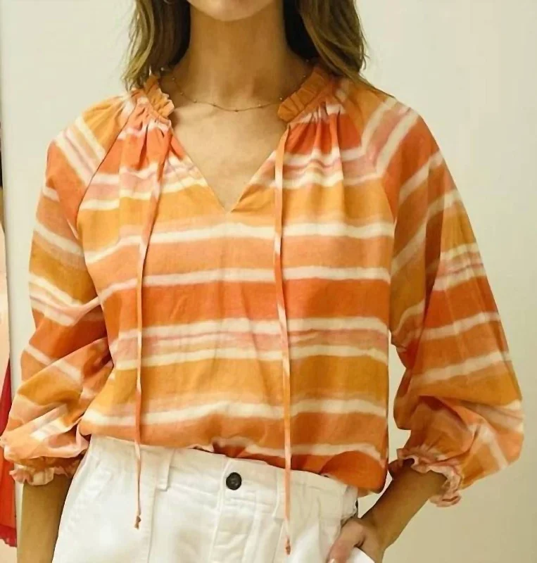 Chambray ShirtsSplit Neck Blouse In Orange Stripe