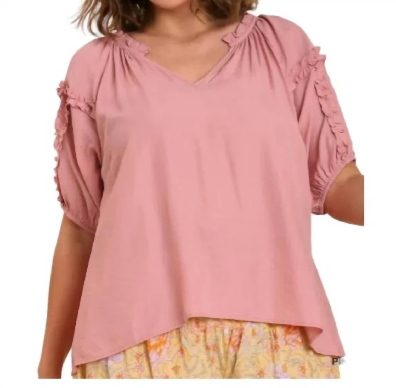 Cycling ShirtsSplit Neck Puff Sleeve Blouse In Pink