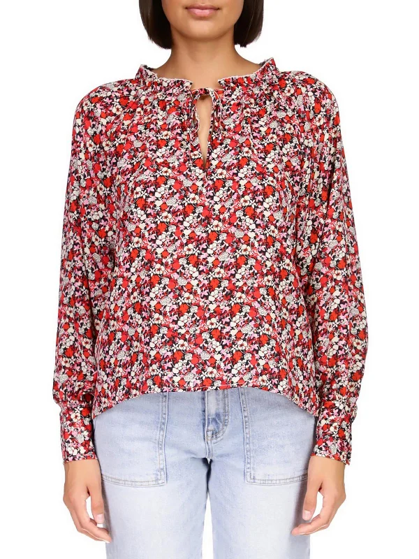 Tasseled ShirtsWomens Floral Print Ruffle Neck Blouse