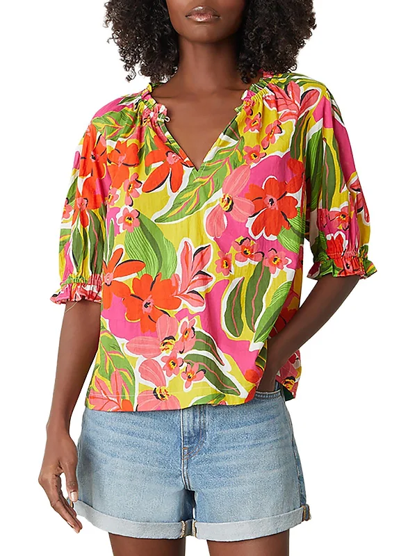 Compression ShirtsWomens Split Neck Floral Print Blouse