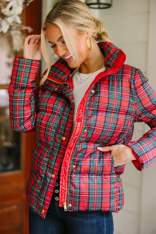 Safari JacketsMore The Merrier Red Tartan Plaid Puffer Jacket