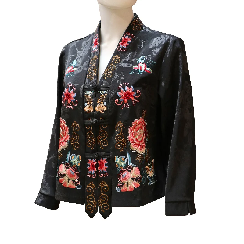 Hip-Hop JacketsEmbroidered Kimono Jacket with Floral Design - Onyx