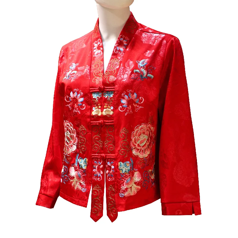 Skateboard JacketsEmbroidered Kimono Jacket with Floral Design - Red