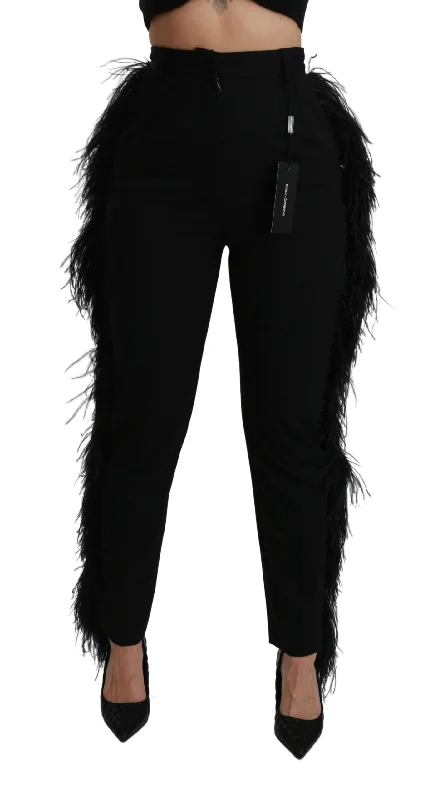 Festival JacketsDolce & Gabbana Black Feather Straight High Waist Wool Women's Pants