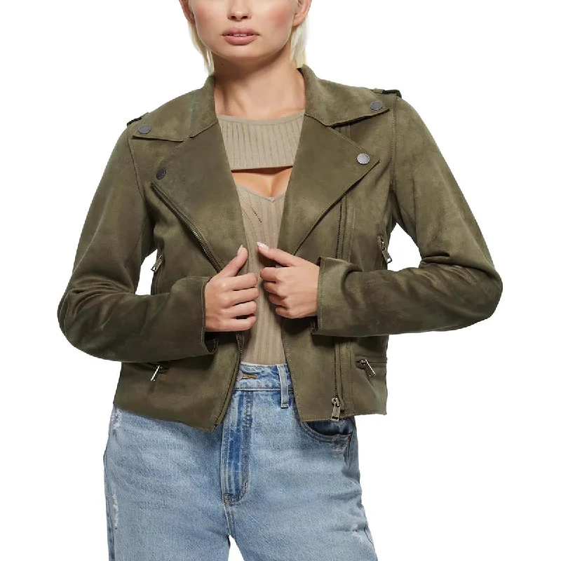 Cropped JacketsMonica Womens Faux Leather Raw Hem Motorcycle Jacket