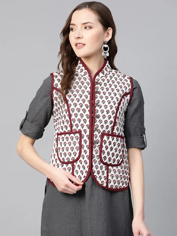 Glitter JacketsWomen Off-White & Maroon Printed Lightweight Quilted Jacket