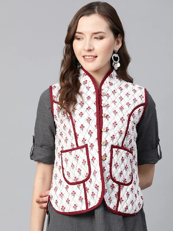 Painted JacketsQuilted Jacket In Printed Fabric, Has A White Lining And Mehroon Piping Detailing On Collar And Pocket,Has 2 Pockets And Mandarin Collor