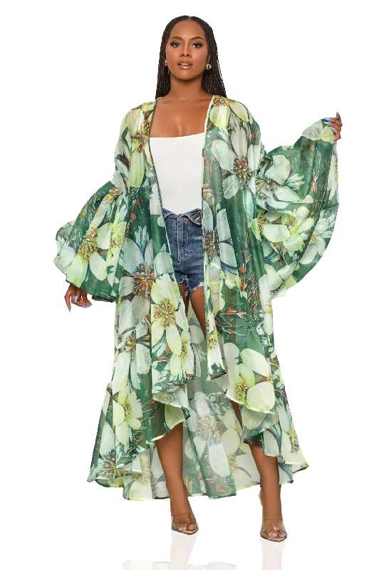 Ruffled JacketsGrand Entrance Floral Organza Kimono (Green Multi)