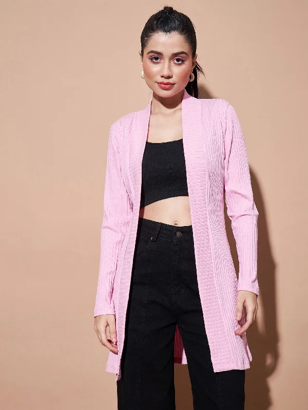 Layered JacketsWomen Pink Full Sleeves Rib Shrug