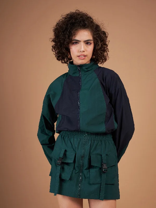 Asymmetrical JacketsWomen Green ColourBlock Parachute Zipper Jacket