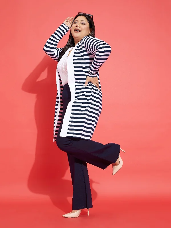 Button-Up JacketsWomen Navy & White Striped Front Open Shrug