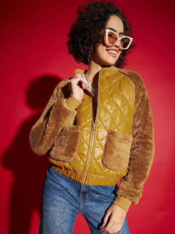 Hip-Hop JacketsWomen Mustard Faux Fur Detail Bomber Jacket