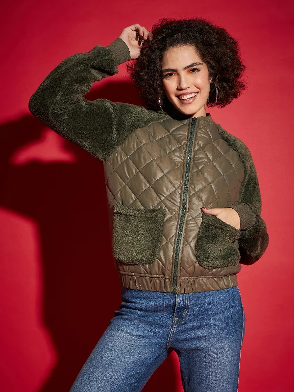 Retro JacketsWomen Olive Faux Fur Detail Bomber Jacket