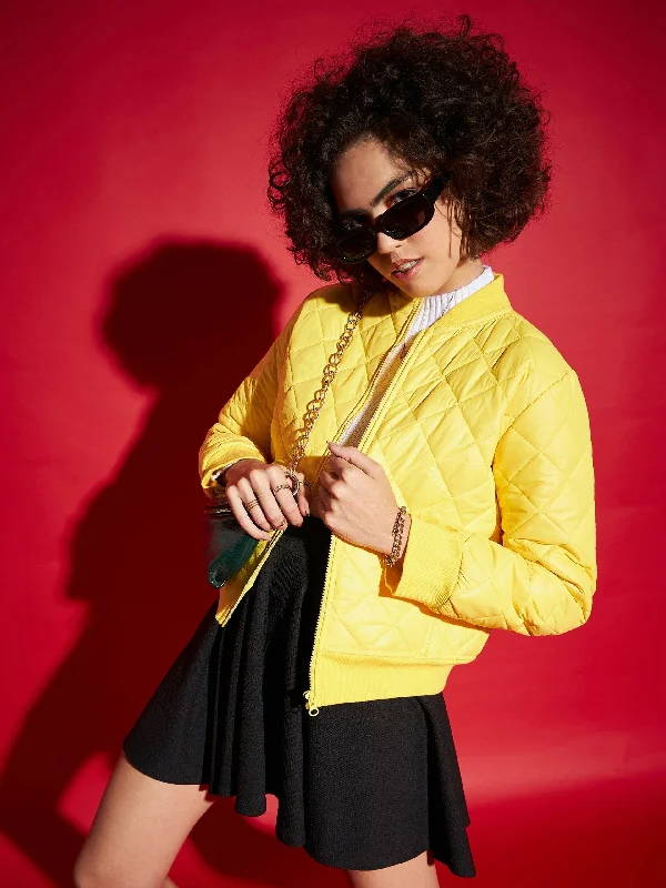 Sequined JacketsWomen Yellow Diamond Quilted Bomber Jacket