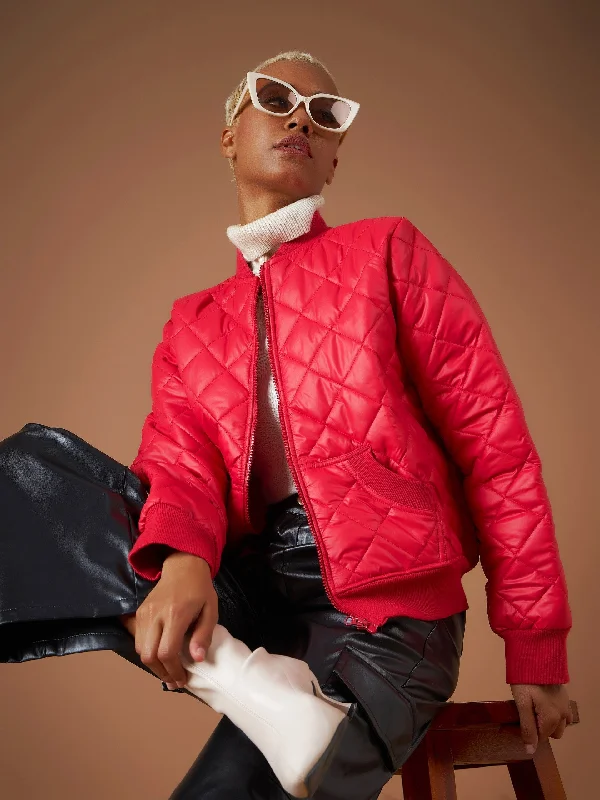 Tasseled JacketsWomen Red Diamond Quilted Bomber Jacket