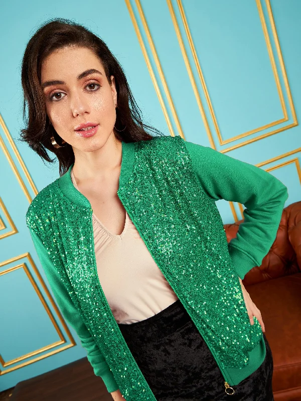 Hooded JacketsWomen Green Sequin Jacket