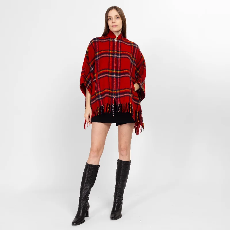 Polyester JacketsSm-Med 60s 70s Red Plaid Wool Fringe Cape