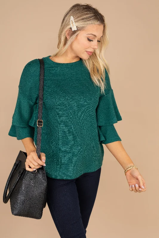 What It's All About Green Ruffled SweaterWork Knit Tops