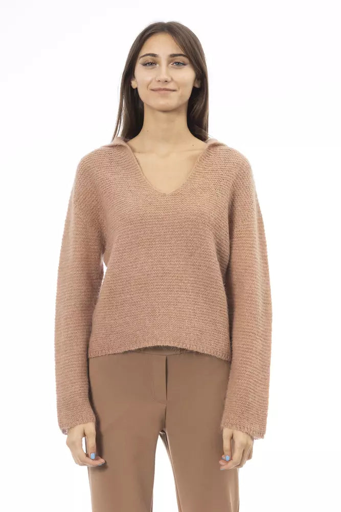 Alpha Studio Beige Merino Wool Women SweaterLace Knit Tops