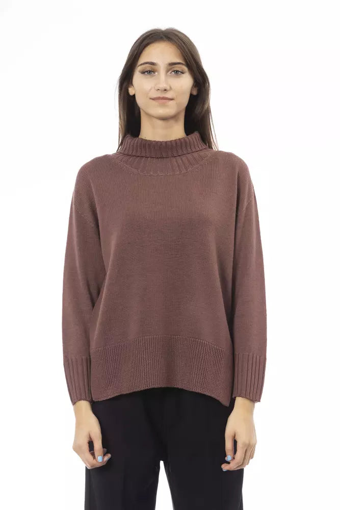 Alpha Studio Brown Merino Wool Women SweaterRuffled Knit Tops