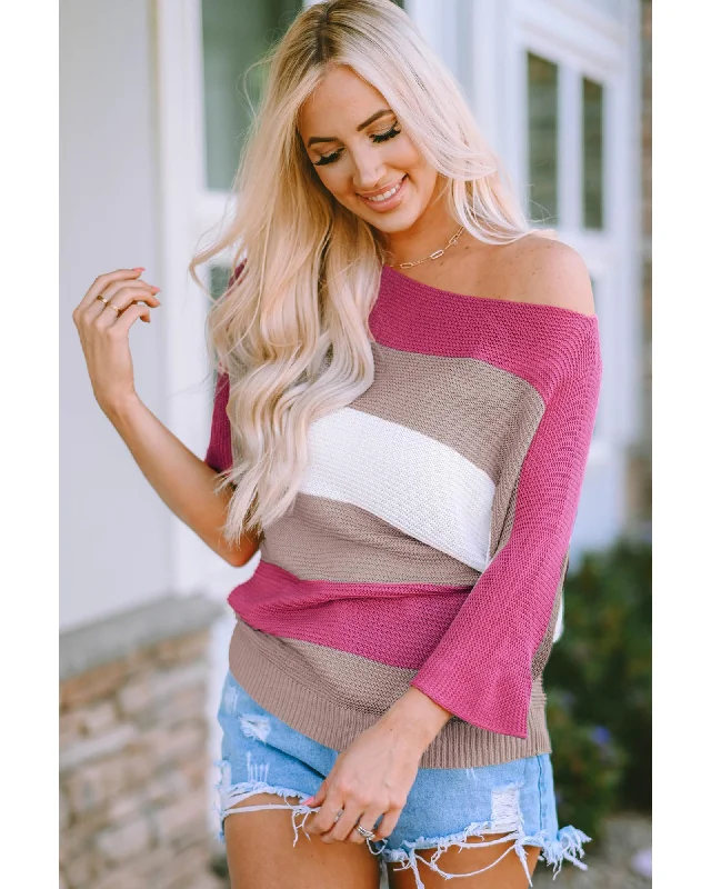 Azura Exchange Half Sleeve Contrast Stripe Knit Sweater - MThermal Knit Tops