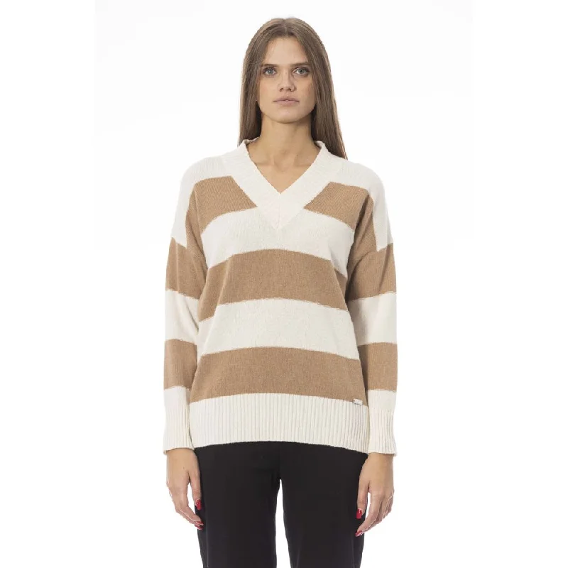 Baldinini Trend Beige Cashmere Women SweaterLeather-Paneled Knit Tops