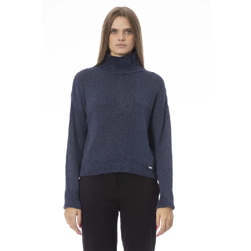 Baldinini Trend Blue Wool Women SweaterOff-Shoulder Knit Tops