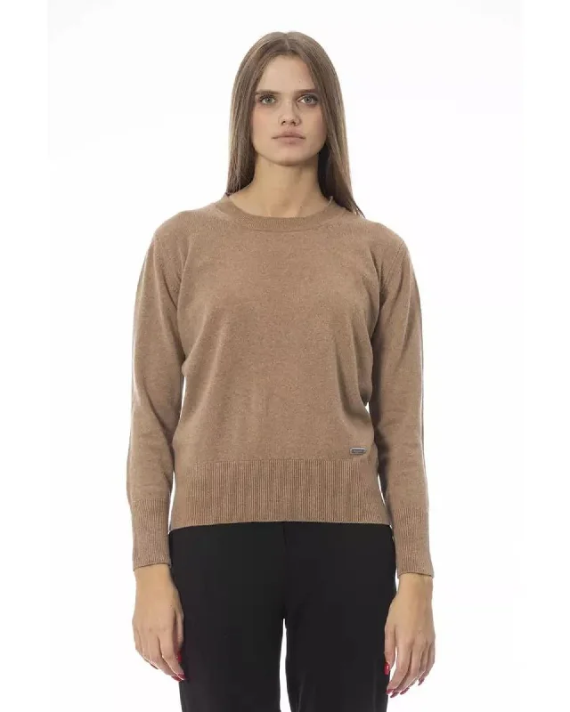 Baldinini Trend Women's Beige Wool Sweater - 40 ITLeather-Paneled Knit Tops