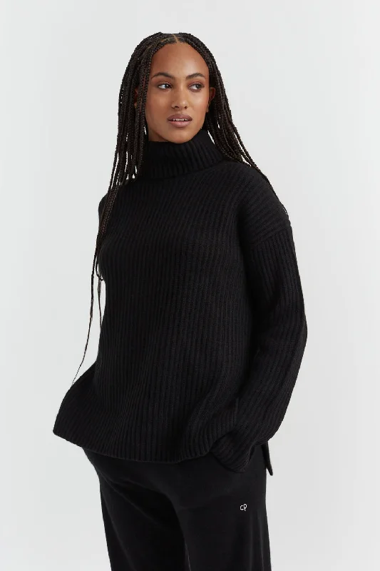 Black Rib-Knit Cashmere Rollneck SweaterLounge Knit Tops