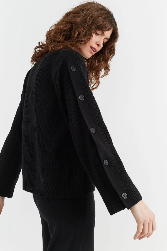 Black Wool-Cashmere Bessie Button SweaterRecycled Fabric Knit Tops