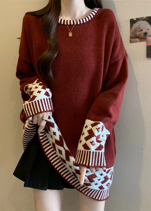 Boutique Red O Neck Jacquard Patchwork Knit Sweater WinterBamboo Knit Tops