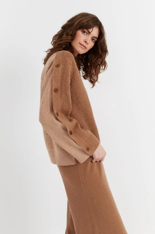 Camel Wool-Cashmere Bessie Button SweaterLinen Knit Tops