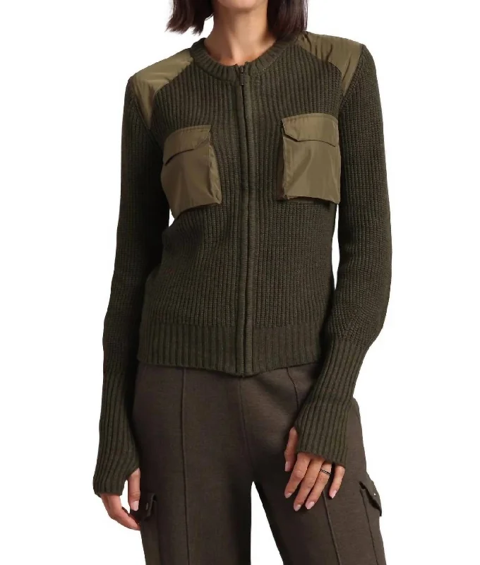 Cotton Cashmere Shaker Utility Zip Up In Army-OliveColorblock Knit Tops